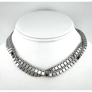 Vintage Signed Monet Necklace Chain Flat Square Link Silver Tone 28”